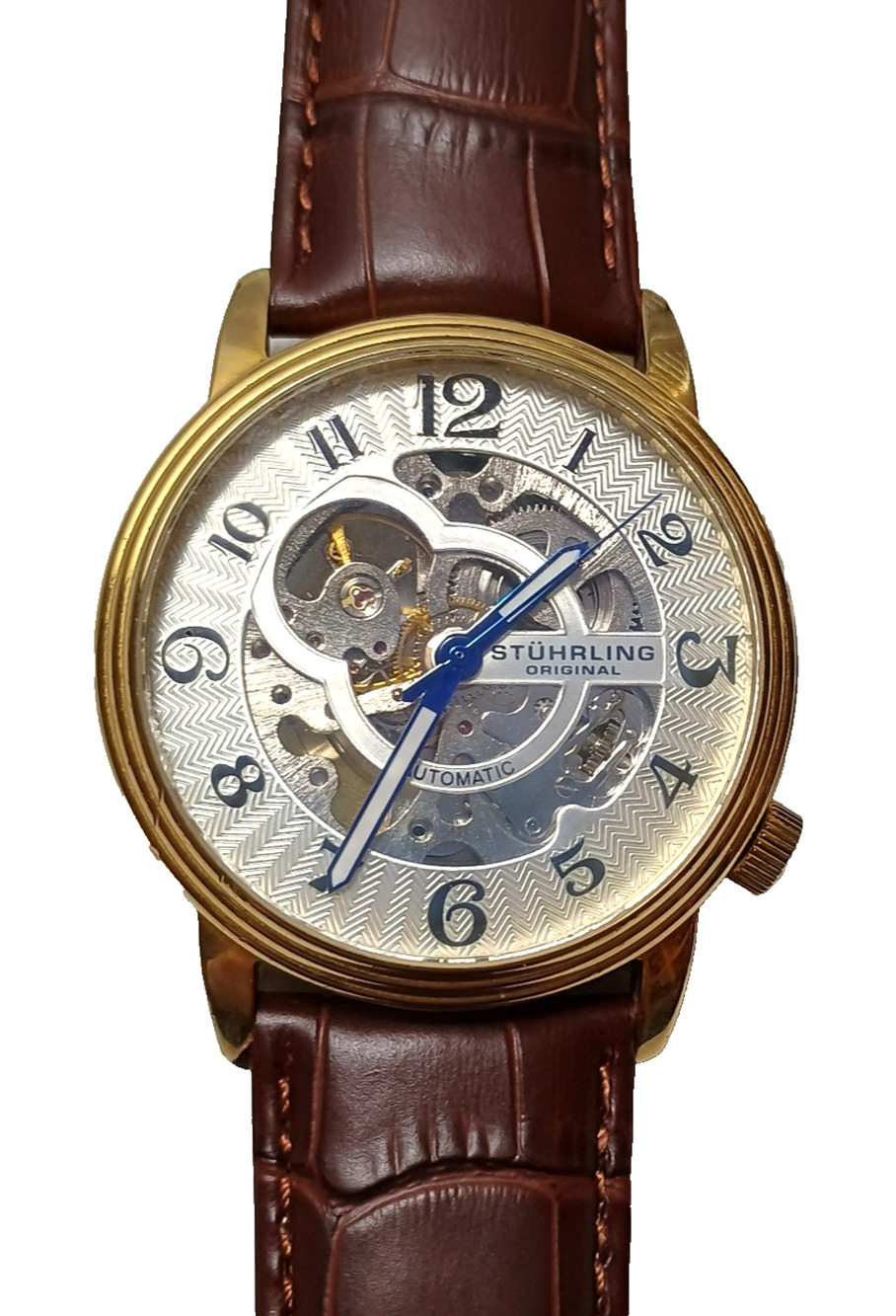 Stuhrling Delphi Oracle 107BG Automatic 44mm Skeleton Watch Gold toned Leather